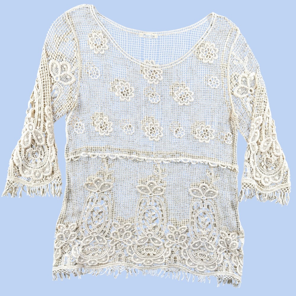 Phase One Crochet Top Womens M Cream Lace Floral Sheer Bell Sleeve Fringe Boho
